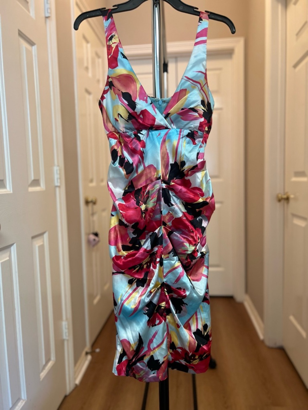 Aqua and Fuchsia Floral Ruched Satin Midi Dress (Prom, Graduation, Wedding Guest